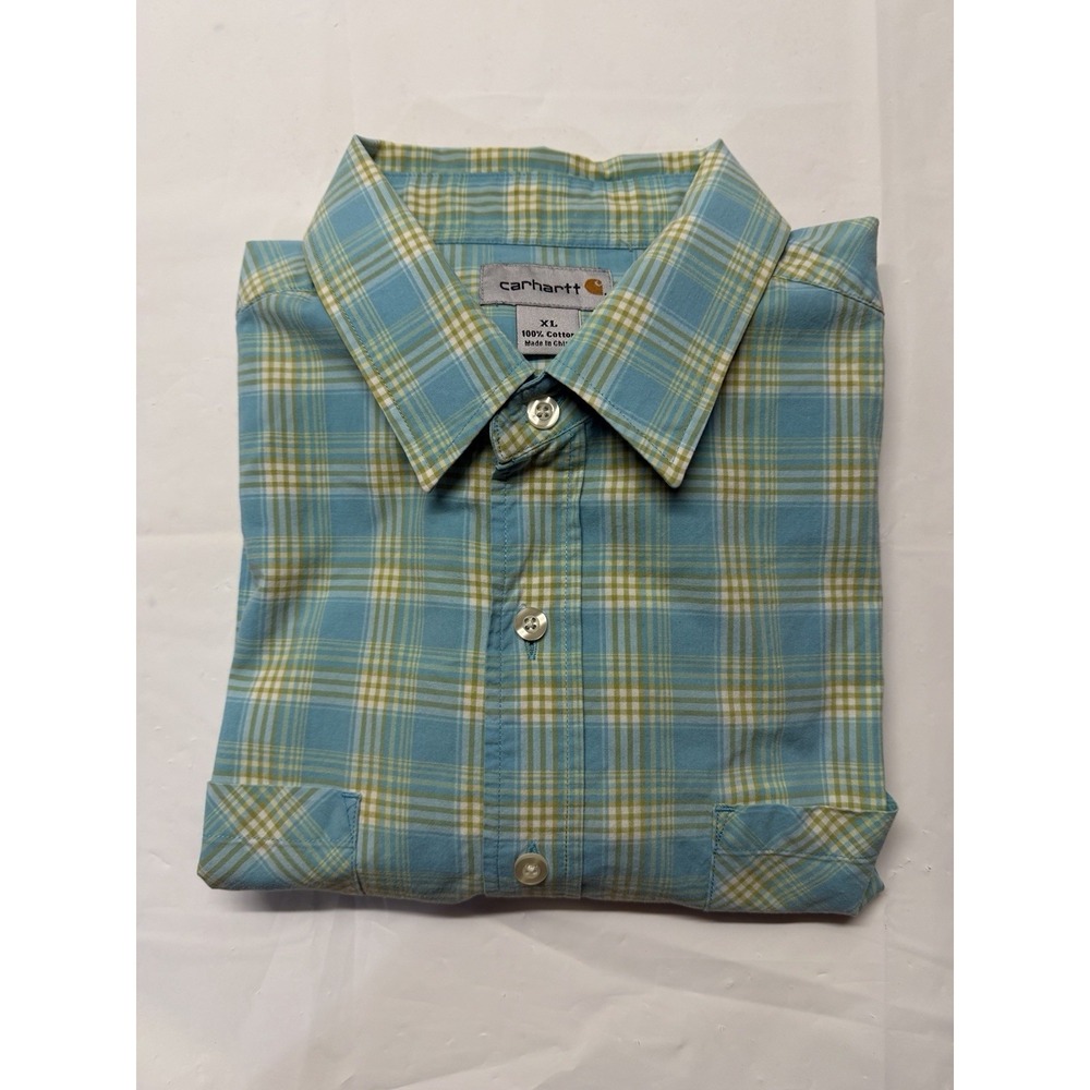 Carhartt Men's Plaid Relaxed Fit Blue and Green SS Button Down Shirt Size XL